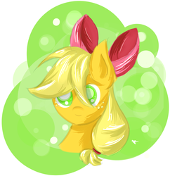Size: 1024x1058 | Tagged: safe, artist:randomdash, applejack, earth pony, pony, g4, abstract background, accessory swap, bow, bust, cute, female, hair bow, jackabetes, looking at you, mare, missing accessory, portrait, ribbon, smiling, solo