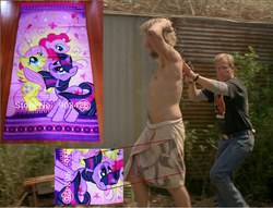 Size: 946x721 | Tagged: safe, fluttershy, pinkie pie, twilight sparkle, human, g4, irl, irl human, merchandise, photo, pony reference, reference, towel, true detective, woody harrelson