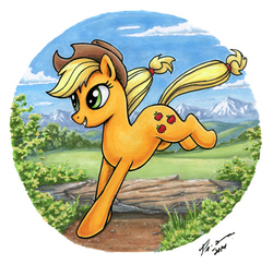 Size: 746x723 | Tagged: safe, artist:choedan-kal, applejack, g4, female, partial background, running, scenery, solo, traditional art