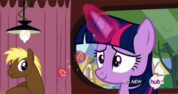 Size: 1919x1017 | Tagged: safe, screencap, coco crusoe, twilight sparkle, alicorn, earth pony, pony, g4, twilight time, approves, eating, female, food, french fries, hay fries, horseshoe fries, hub logo, magic, male, mare, onion horseshoes, stallion, twilight sparkle (alicorn)