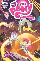 Size: 2063x3131 | Tagged: safe, artist:tony fleecs, idw, apple bloom, discord, scootaloo, sweetie belle, g4, cover, cutie mark crusaders, jetpack, jetpack comics, planet, ponies in space, space, spacesuit