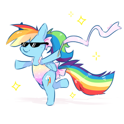 Size: 1000x1000 | Tagged: safe, artist:milkii-ways, rainbow dash, g4, alternate hairstyle, ballerina, female, gymnast, gymnastics, leotard, ponytail, rainbow dash always dresses in style, rhythmic gymnastics, ribbon, solo, sunglasses, swag