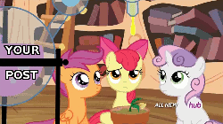 Size: 500x281 | Tagged: safe, screencap, apple bloom, scootaloo, sweetie belle, g4, twilight time, animated, cutie mark crusaders, drama seedling, female, hub logo, image macro, meme, reaction image, that post gave me cancer