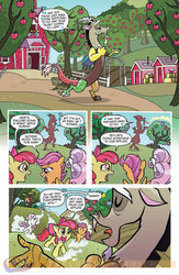 Size: 900x1384 | Tagged: safe, idw, official comic, apple bloom, discord, scootaloo, sweetie belle, draconequus, earth pony, pegasus, pony, unicorn, friends forever, g4, spoiler:comic, spoiler:comicff2, apple orchard, apple tree, comic, cutie mark crusaders, eyes closed, female, filly, foal, idw advertisement, male, preview, singing, speech bubble, sweet apple acres, tree