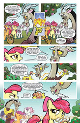 Size: 900x1384 | Tagged: safe, idw, official comic, apple bloom, discord, scootaloo, sweetie belle, draconequus, earth pony, pegasus, pony, unicorn, friends forever #2, g4, my little pony: friends forever, spoiler:comic, apple, comic, cutie mark crusaders, female, filly, finger snap, foal, food, idw advertisement, male, preview, speech bubble