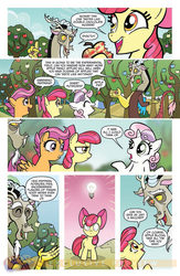 Size: 900x1384 | Tagged: safe, artist:tonyfleecs, idw, official comic, apple bloom, discord, scootaloo, sweetie belle, draconequus, earth pony, pegasus, pony, unicorn, friends forever, g4, spoiler:comic, spoiler:comicff2, apple, apple tree, comic, cutie mark crusaders, female, filly, foal, food, idw advertisement, male, preview, speech bubble, sweetiedumb, tree