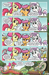 Size: 900x1384 | Tagged: safe, artist:tonyfleecs, idw, official comic, apple bloom, discord, scootaloo, sweetie belle, draconequus, earth pony, pegasus, pony, unicorn, friends forever, g4, spoiler:comic, spoiler:comicff2, comic, cutie mark crusaders, female, filly, foal, idw advertisement, male, preview, speech bubble, sweetiedumb
