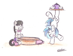 Size: 1750x1341 | Tagged: safe, artist:bobthedalek, dj pon-3, octavia melody, vinyl scratch, pony, g4, balancing, bipedal, cushion, table, teacup, teapot, tray