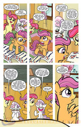 Size: 900x1384 | Tagged: safe, artist:tony fleecs, idw, official comic, apple bloom, scootaloo, sweetie belle, earth pony, pegasus, pony, unicorn, friends forever #2, g4, my little pony: friends forever, spoiler:comic, comic, cutie mark crusaders, female, filly, foal, idw advertisement, music notes, preview, speech bubble, trio