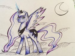 Size: 1024x768 | Tagged: safe, artist:shadowshock864, princess luna, alicorn, pony, g4, female, moon, solo, spread wings, traditional art, wings