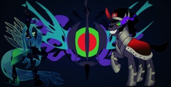 Size: 979x497 | Tagged: safe, king sombra, queen chrysalis, g4, antagonist, clothes, dress, emblem, wallpaper