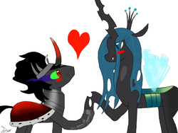 Size: 1024x768 | Tagged: safe, king sombra, queen chrysalis, g4, blushing, couple, female, heart, male, ship:chrysombra, shipping, straight, unholy matrimony