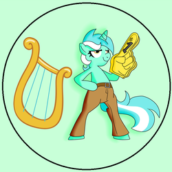 Size: 3000x3000 | Tagged: safe, artist:egophiliac, artist:resonance, lyra heartstrings, pony, g4, bipedal, button, clothes, female, hand, pants, solo