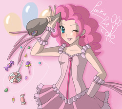 Size: 1874x1679 | Tagged: safe, artist:angelofhapiness, pinkie pie, human, g4, balloon, blushing, female, humanized, solo, tongue out, wink