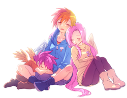 Size: 1000x772 | Tagged: safe, artist:re_ghotion, fluttershy, rainbow dash, scootaloo, human, g4, backlighting, clothes, eyes closed, humanized, light skin, sitting, sleeping, sweater, sweatershy, winged humanization