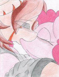 Size: 838x1092 | Tagged: safe, artist:digitaldomain123, pinkie pie, oc, oc:digital, demon pony, earth pony, pony, g4, blushing, canon x oc, colored, duo, female, kiss on the lips, kissing, male, romantic, straight, traditional art