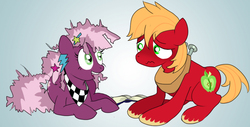 Size: 1020x519 | Tagged: safe, artist:susiebeeca, big macintosh, cheerilee, earth pony, pony, g4, 80s, 80s cheerilee, blushing, book, implied shipping, male, not sure if want, ship:cheerimac, stallion, straight, wavy mouth, younger