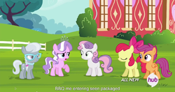 Size: 1152x609 | Tagged: safe, screencap, apple bloom, diamond tiara, scootaloo, silver spoon, sweetie belle, g4, twilight time, all new, barbeque, cutie mark crusaders, food, hub logo, meme, text, youtube caption