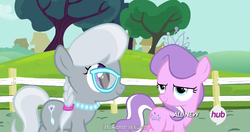 Size: 1152x609 | Tagged: safe, screencap, diamond tiara, silver spoon, g4, twilight time, acme, hub logo, meme, youtube caption