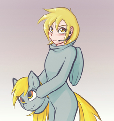 Size: 822x876 | Tagged: safe, artist:scorpdk, derpy hooves, human, g4, blushing, clothes, costume, female, fursuit, humanized, kigurumi, looking at you, ponysuit, smiling, solo, underp