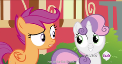 Size: 1151x609 | Tagged: safe, screencap, scootaloo, sweetie belle, g4, twilight time, hub logo, meme, youtube caption