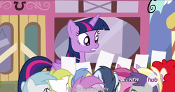 Size: 1152x610 | Tagged: safe, screencap, cotton cloudy, dinky hooves, piña colada, ruby pinch, shady daze, strike, tornado bolt, twilight sparkle, twist, alicorn, pony, g4, twilight time, female, hub logo, mare, meme, twilight sparkle (alicorn), youtube caption