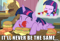 Size: 610x419 | Tagged: safe, artist:tiarawhy, edit, edited screencap, screencap, coco crusoe, twilight sparkle, alicorn, earth pony, pony, equestria girls, g4, twilight time, female, hay burger, male, mare, meat, omnivore twilight, ponies eating meat, stallion, text, that pony sure does love burgers, twilight burgkle, twilight sparkle (alicorn)