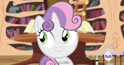 Size: 1152x609 | Tagged: safe, screencap, sweetie belle, pony, unicorn, g4, twilight time, cute, diasweetes, female, filly, hub logo, meme, smiling, solo, weapons-grade cute, youtube caption