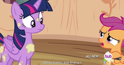 Size: 1152x609 | Tagged: safe, screencap, scootaloo, twilight sparkle, alicorn, pony, g4, twilight time, female, hub logo, mare, meme, twilight sparkle (alicorn), youtube caption