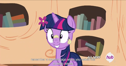 Size: 1152x610 | Tagged: safe, screencap, twilight sparkle, alicorn, pony, g4, twilight time, female, hub logo, mare, meme, solo, twilight sparkle (alicorn), youtube caption