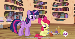 Size: 1151x609 | Tagged: safe, screencap, apple bloom, twilight sparkle, alicorn, pony, g4, twilight time, female, hub logo, mare, meme, twilight sparkle (alicorn), youtube caption