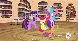 Size: 1152x610 | Tagged: safe, screencap, apple bloom, scootaloo, twilight sparkle, alicorn, pony, g4, twilight time, female, hub logo, mare, meme, twilight sparkle (alicorn), youtube caption