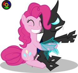 Size: 2433x2271 | Tagged: safe, artist:kyoshyu, doomie, pinkie pie, changeling, earth pony, pony, g4, ^^, crying, doomie pie, eyes closed, fangs, female, frown, grin, gritted teeth, hape, hug, hug from behind, mare, non-consensual cuddling, reaching, simple background, sitting, smiling, squee, transparent background, vector