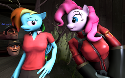 Size: 1024x637 | Tagged: safe, artist:commodor-richter, pinkie pie, rainbow dash, anthro, g4, 3d, heavy (tf2), pyro (tf2), scout (tf2), soldier, soldier (tf2), source filmmaker, team fortress 2