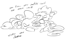 Size: 708x426 | Tagged: safe, artist:dotkwa, cheese sandwich, pinkie pie, earth pony, pony, g4, cuddling, dialogue, female, grayscale, male, mare, monochrome, ship:cheesepie, shipping, snuggling, straight, teasing