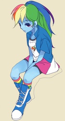 Size: 385x714 | Tagged: safe, artist:pasikon, rainbow dash, equestria girls, g4, alternate hairstyle, female, ponytail, sitting, solo