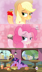 Size: 639x1079 | Tagged: safe, artist:surgicalarts, edit, edited screencap, screencap, applejack, coco crusoe, pinkie pie, twilight sparkle, alicorn, pony, g4, simple ways, twilight time, apple, applejuice meme, bedroom eyes, creamy creamy frosting, eating, eyes closed, female, food, hoof hold, looking at you, mare, safe by show, smiling, stuffing, swallowing, that pony sure does love burgers, throat bulge, twilight burgkle, twilight sparkle (alicorn)