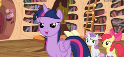 Size: 1314x604 | Tagged: safe, screencap, apple bloom, sweetie belle, twilight sparkle, alicorn, pony, g4, my little pony: friendship is magic, twilight time, female, lidded eyes, mare, out of context, twilight sparkle (alicorn)