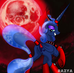 Size: 1240x1218 | Tagged: safe, artist:razya, idw, princess luna, alicorn, pony, g4, reflections, spoiler:comic, alternate hairstyle, bedroom eyes, blood moon, butt, clothes, dark mirror universe, equestria-3, evil counterpart, evil luna, female, mirror universe, moon, plot, socks, solo, stockings, tail wrap, underhoof
