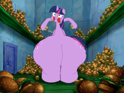 Size: 500x375 | Tagged: safe, twilight sparkle, alicorn, pony, g4, burger, fat, female, food, hamburger, impossibly large butt, impossibly wide hips, inflation, just one bite, ketchup, krabby patty, male, mare, meme, solo, spongebob squarepants, squidward tentacles, that pony sure does love burgers, thighlight sparkle, this will end in explosions, twilight burgkle, twilight sparkle (alicorn), wide hips