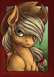 Size: 846x1185 | Tagged: safe, artist:bantha, applejack, earth pony, pony, g4, female, frame, freckles, out of frame, portrait, shoulder freckles, solo