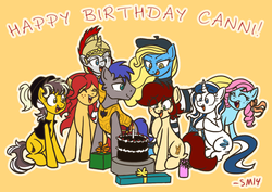 Size: 1569x1108 | Tagged: safe, artist:serenamidori, oc, oc only, oc:aurora, oc:britannia, oc:canni soda, oc:madame banane, oc:maredrid, oc:sani soda, oc:wachmann, earth pony, pony, unicorn, birthday, birthday cake, cake, female, food, male, mare, mascot, present, stallion