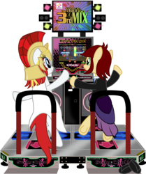 Size: 1280x1533 | Tagged: safe, artist:askbritanniamlp, oc, oc only, oc:britannia, oc:canni soda, pony, bipedal, dance dance revolution, dancing, mascot, rhythm game, simple background, transparent background