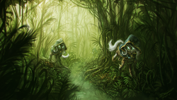 Size: 1920x1080 | Tagged: safe, artist:assasinmonkey, oc, oc only, pony, first contact war, boots, clothes, coat, eerie, forest, jungle, scenery, wallpaper