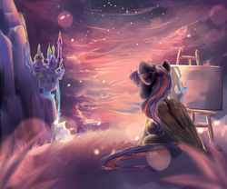 Size: 3000x2500 | Tagged: safe, artist:aquagalaxy, oc, oc only, backlighting, behind, bow, canterlot, cloud, cloudy, painting, plein air, scenery, solo, sunset