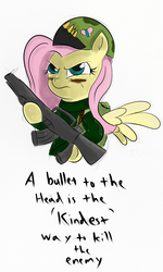 Size: 1800x3000 | Tagged: safe, artist:frikdikulous, fluttershy, g4, army, eye black (makeup), face paint, female, gun, helmet, simple background, soldier, solo