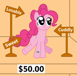 Size: 1041x1033 | Tagged: safe, artist:vincentthecrow, part of a set, pinkie pie, earth pony, pony, g4, barcode, bronybait, c:, cuddly, cute, diapinkes, female, for sale, mare, ponies for sale, price, price tag, shut up and take my money, sign, sitting, smiling, solo, sweet, underhoof
