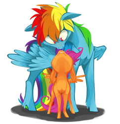Size: 579x599 | Tagged: safe, artist:xenon, rainbow dash, scootaloo, pegasus, pony, g4, cross-eyed, cute, cutealoo, duo, female, filly, floppy ears, fluffy, grin, looking at each other, looking down, looking up, mare, scootalove, smiling, standing, unshorn fetlocks, wide eyes