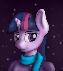 Size: 1500x1679 | Tagged: safe, artist:pentoolqueen, twilight sparkle, anthro, g4, clothes, female, scarf, snow, snowfall, solo