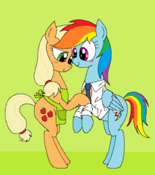 Size: 494x556 | Tagged: safe, artist:hyolark, applejack, rainbow dash, pony, g4, apron, bipedal, clothes, female, lesbian, ship:appledash, shipping